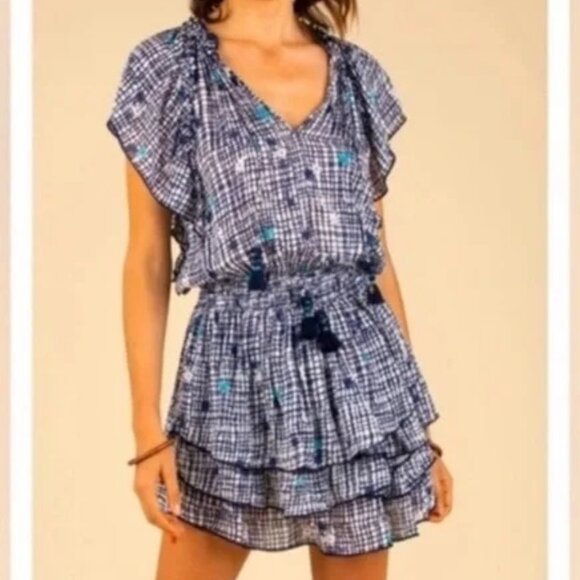 Poupette St Barth~Elsa Navy + White Layered Tiered Ruffles Mini Dress in size XS